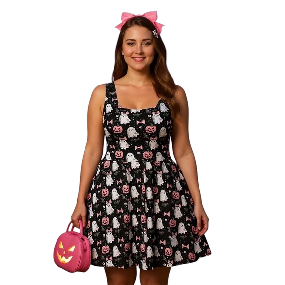 Gothic Ghost Halloween Pin up Flare Pin Up Dress - Picture 1 of 17